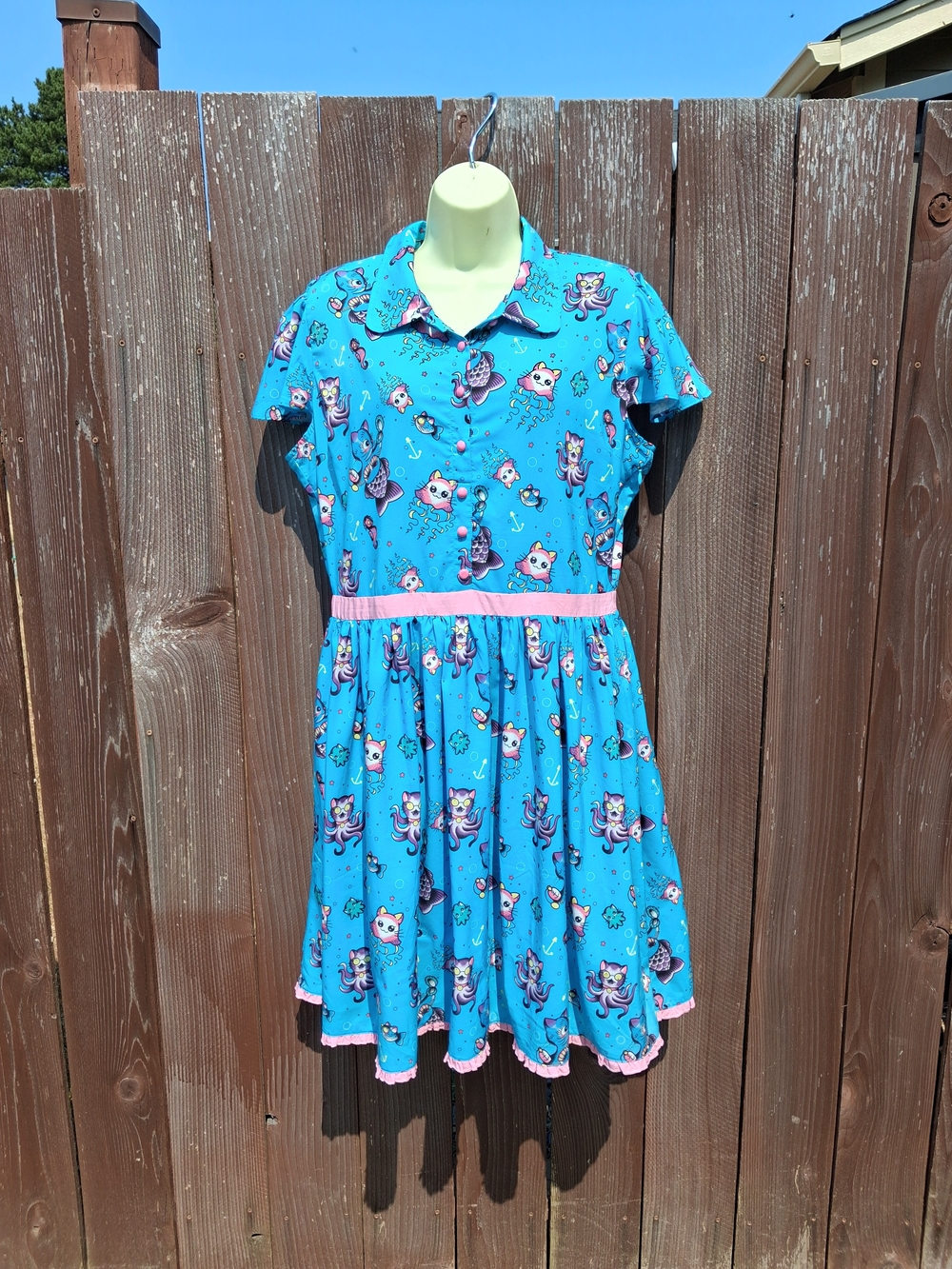 Women's Bright Blue Cat Print Dress with Pink Trim